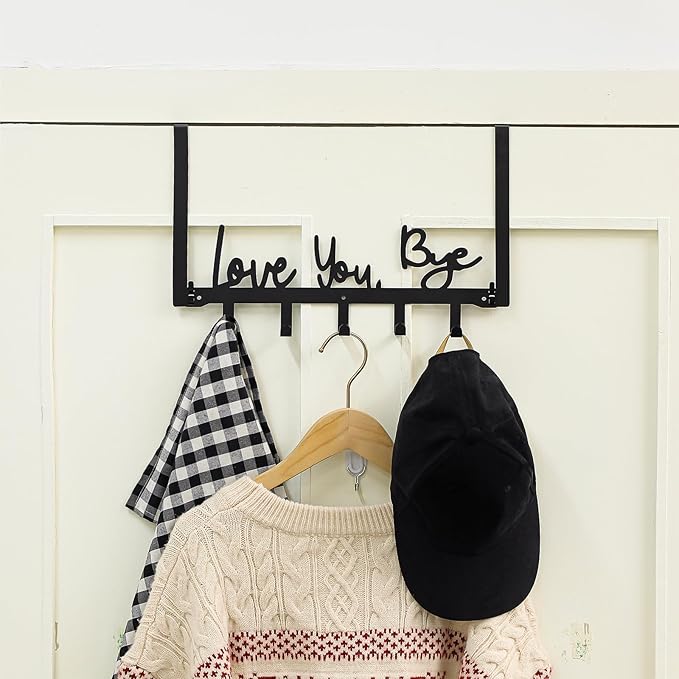 Love You Bye Over The Door Hooks Hanger Wall Mount Towel Hanger Door Holder Organizer 5 Hooks Kawaii Farmhouse Rustic Coquettish Style Decor for Bedroom Bathroom Towel Hat Clothes
