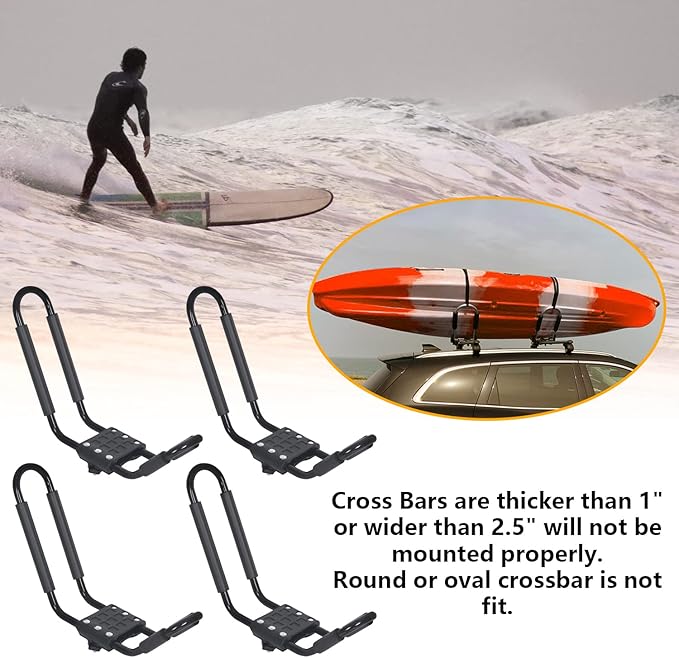 J-Bar Roof Rack Kayak Carrier Holder Boat Canoe Surf Ski Snowboard Holder Mounted on Top Crossbar SUV Truck 2 Pairs Steel