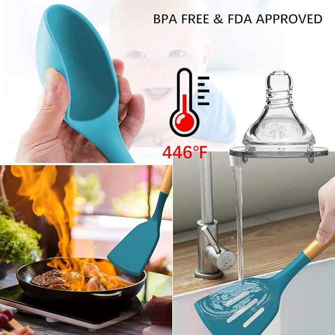 Umite Chef キッチン調理器具セット 33点 ノンスティック シリコン調理器具 スパチュラセット ホルダー付き シリコンキッチン用品 調理器具セット (ダークブルー)