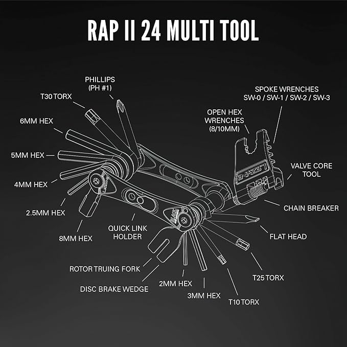LEZYNE RAP II Bicycle Multi-Tool 24, Anti-Corrosion Bits, Hex 2/2.5/3/4/5/6/8mm, T10/T25/T30, Phillips, Flathead, Chain Breaker, Compact Bike Tool