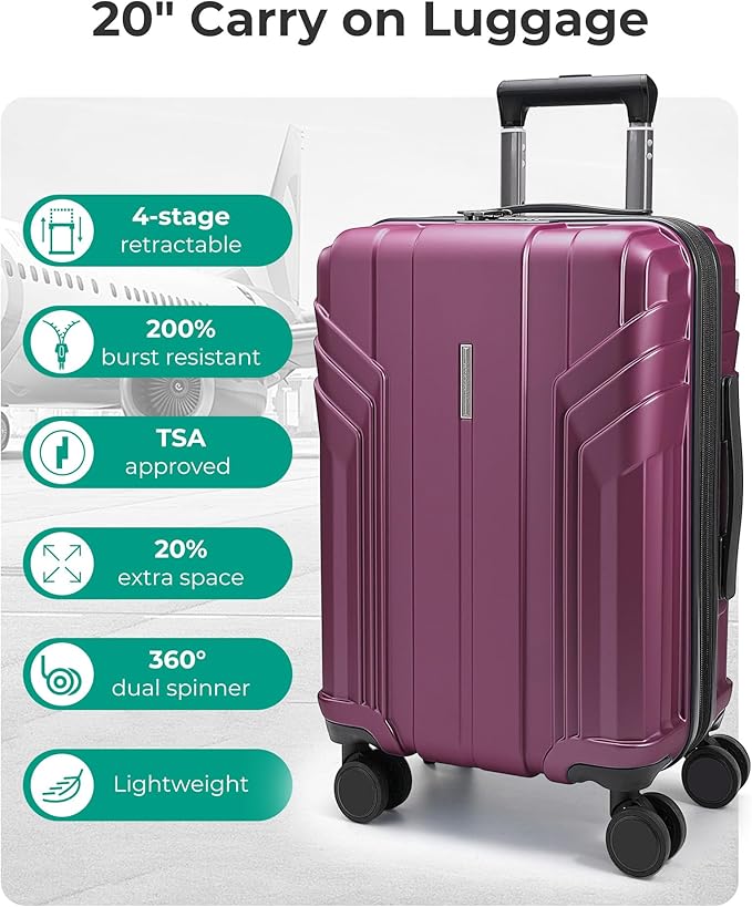 BAGSMART 拡張可能機内持ち込みスーツケース 22x14x9 航空会社承認、20インチ スピナーホイール付き旅行用スーツケース、軽量ハードシェル 機内持ち込み パープリッシュレッド
