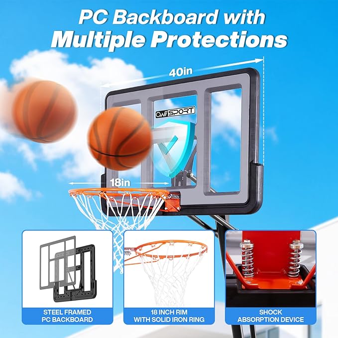 Basketball Hoop Outdoor 44&48 Inch Impact Backboard, 5.3-10FT Height Adjustable Basketball Hoop Goal System with Portable Wheels for Adults