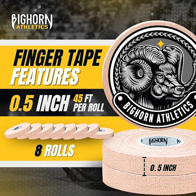 Bighorn Athletics Jiu Jitsu Finger Tape, Rock Climbing Tape | Multipurpose for Sports & Injuries: MMA, Volleyball, Football, Basketball, Tennis, Golf, Hands & Toes, 0.5-Inch x 45-feet, 8-Rolls, Nude