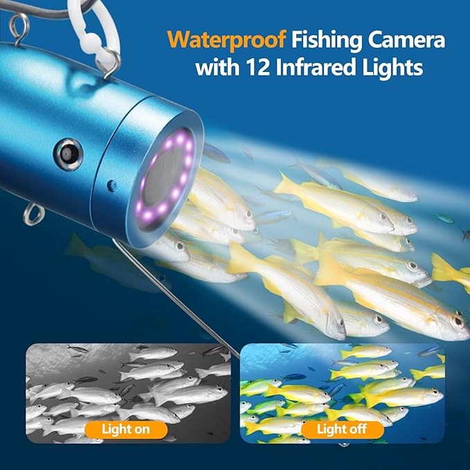 水中釣りカメラ、7インチIPSスクリーン魚群探知機、12個の赤外線ライト付き1000TVLアイスフィッシングカメラ、6時間バッテリー、USB-C充電、湖、ボート、アイスフィッシング用48フィート/14.6Mケーブル