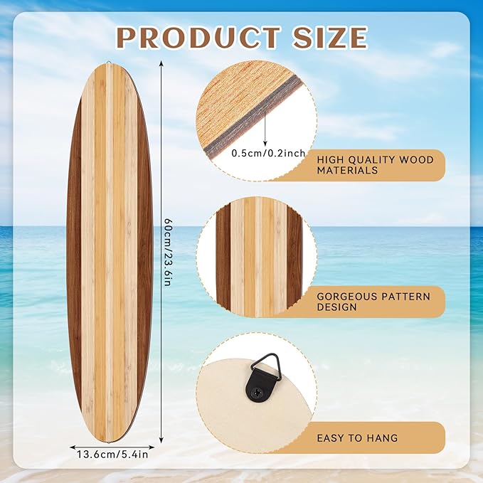Gerrii 3 Pieces Surfboard Wall Decor 23.6" x 5.4" Preppy Beach Room Decor Aesthetic Large Wooden Cute Beachy Tropical Wall Art for Surfer Bedroom Bathroom Decorations(Log Color,Stripe)
