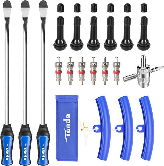 TONDA Tire Spoons, Tire Changing Kit for Motorcycle Dirt Bike Lawn Mower Tractor, Tire Removal Tool Set with Rim Protectors, Valve Tool, Valve Cores, Valve Caps, Valve Stems, Storage Bag