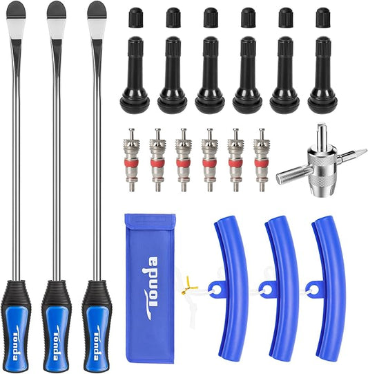 TONDA Tire Spoons, Tire Changing Kit for Motorcycle Dirt Bike Lawn Mower Tractor, Tire Removal Tool Set with Rim Protectors, Valve Tool, Valve Cores, Valve Caps, Valve Stems, Storage Bag