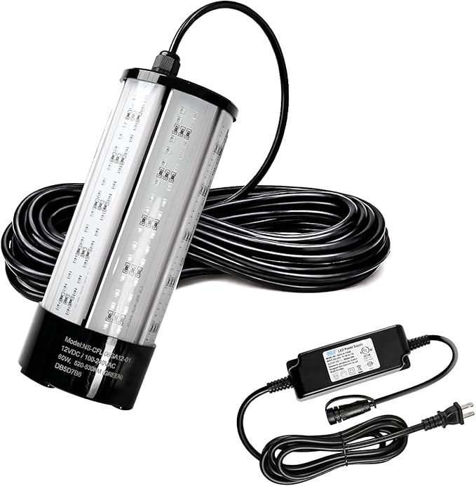 NS 60W 7500LM グリーン水中集魚灯、110V AC & 12V DC デュアル電源、LED水中ドック&ボートライト、クラッピー、池、カヤック用防水海水魚誘引キット