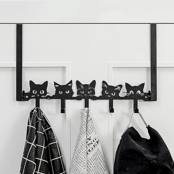Cat Over The Door Hooks Hanger Wall Mount Towel Hanger Door Holder Organizer 5 Hooks Kawaii Farmhouse Rustic Coquettish Style Decor for Bedroom Bathroom Towel Hat Clothes