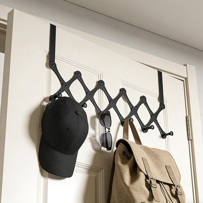 Expands Over The Door Hook Rack, Heavy Duty No Drill Hooks for Bathroom, Bedroom, Kitchen, Closet - Over The Door Hanger for Towels, Robes, Bags, Coats(Black)