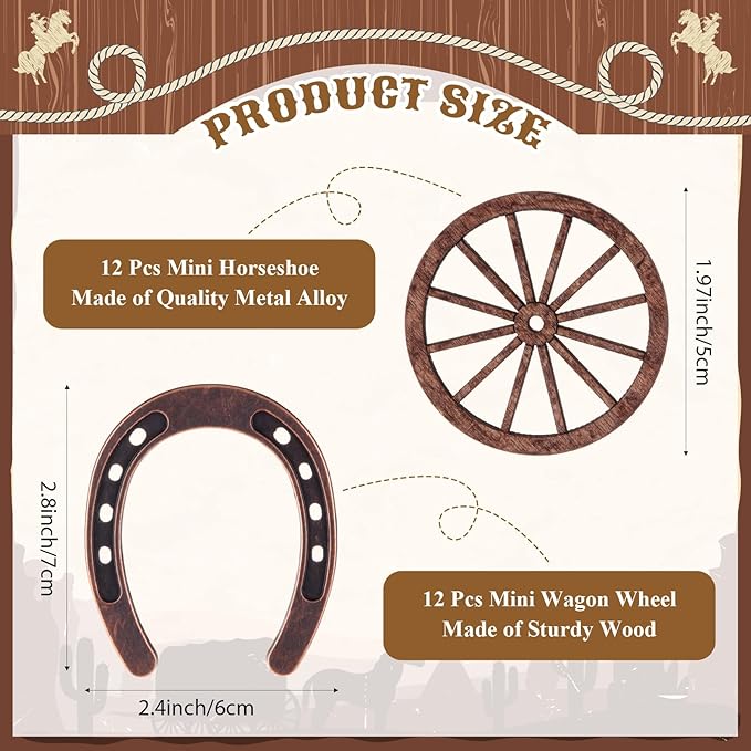 Junkin 48 Pcs Western Theme Party Decorations Mini Horseshoes Wagon Wheel Crafts Western Table Centerpieces Lucky Horseshoe for Wedding Party Favors Supplies Cowboy Cowgirl Birthday Decoration
