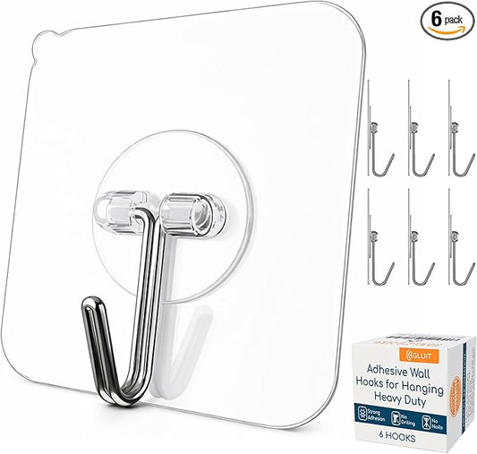 GLUIT Adhesive Wall Hooks for Hanging Heavy Duty 22 lbs Hooks for Walls No Damage, Towel Sticky Clear Hook, Waterproof, Home, Bathroom, Kitchen, Office, and Outdoor 6 Pack