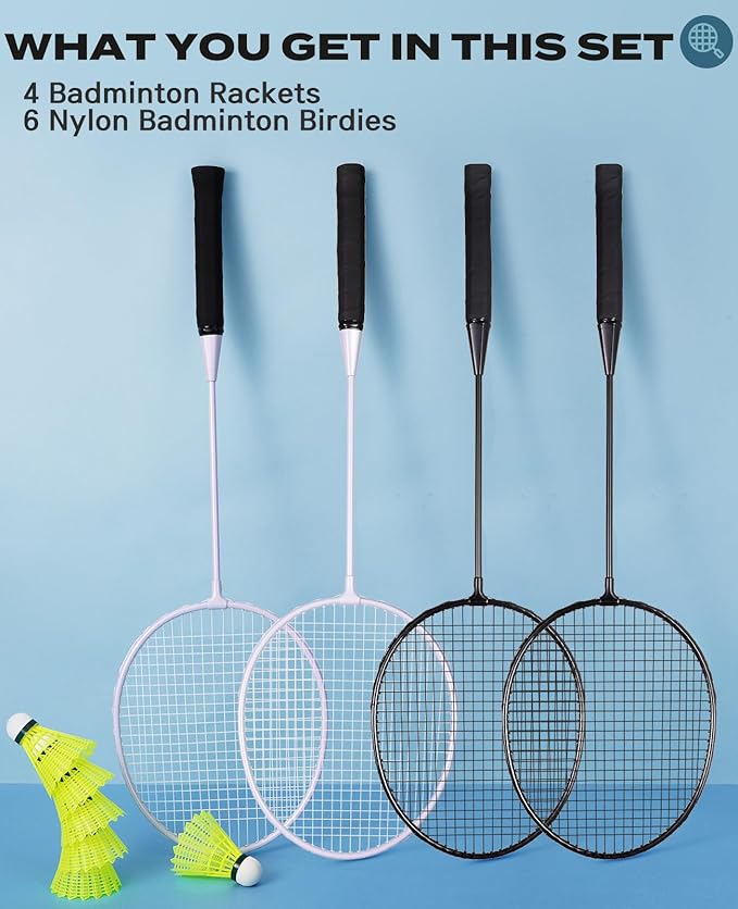 Badminton Rackets Set of 4 for Outdoor Backyard Games, Including 4 Rackets, 6 Nylon Badminton Shuttlecocks, Lightweight Badminton Racquets for Beginners