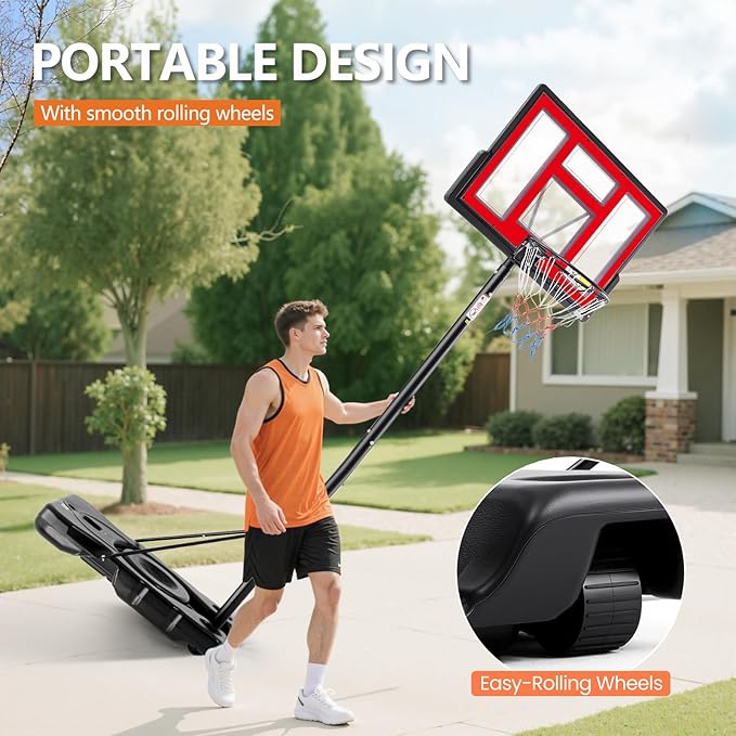 Sweetcrispy Portable Basketball Hoop Outdoor 6.1-10FT Adjustable Height, 44 Inch Shatterproof Backboard/Shock Absorbent Rim, Fillable Base, 2 Wheels for Backyard/Driveway