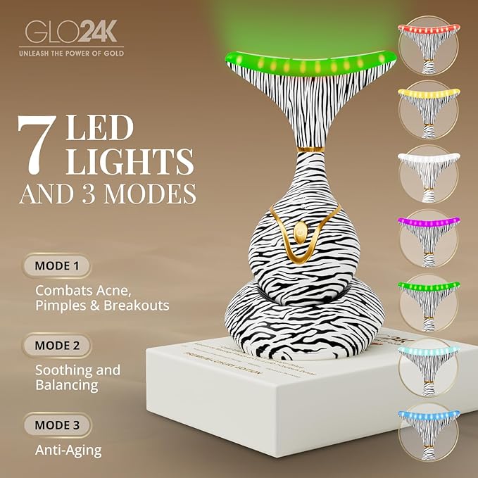 GLO24K レッドライト フェイス＆ネック美容デバイス – 7-in-1 フェイシャルマッサージャーツールおよびネックケアデバイス（ネックラインケア、女性用フェイス＆ネックマッサージャー）