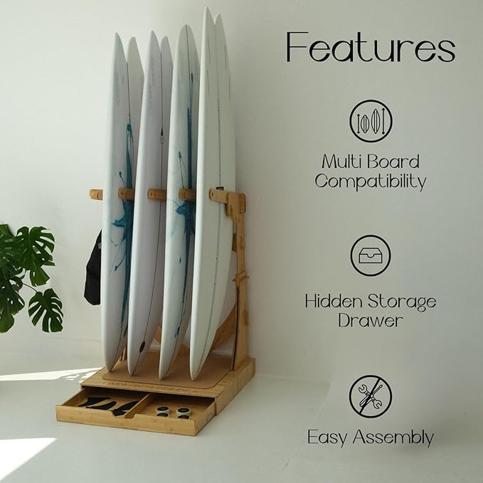 LISS Spirit Surfboard Rack Stand Holder for 3 & 4 Boards, Indoor Storage Display for Longboard, Shortboard, Snowboard, Wakeboard, Skateboard Up to 10Ft Long