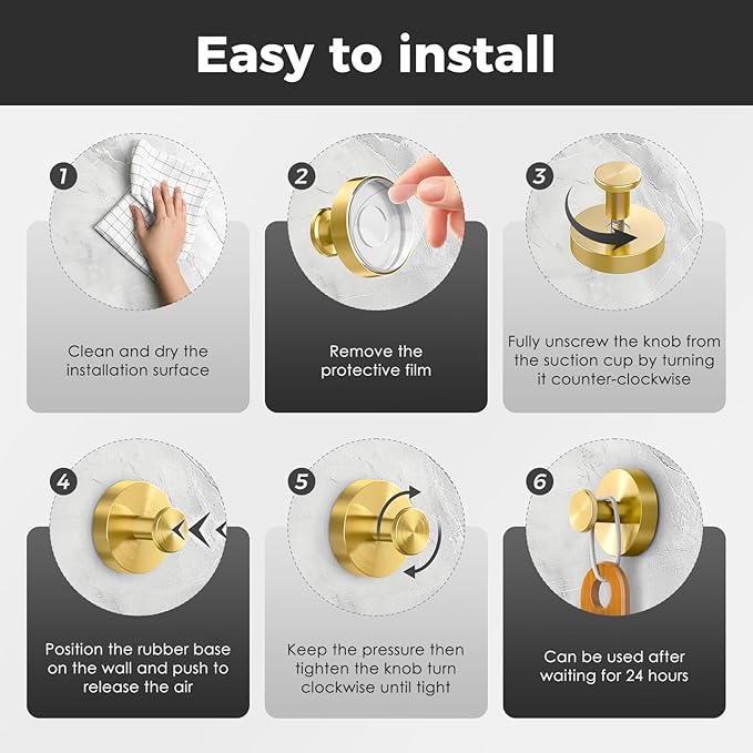 Shower Hooks for Inside Shower,Suction Cup Hooks for Glass Window,Removable Towel Hooks for Bathrooms,6 Packs(Gold)