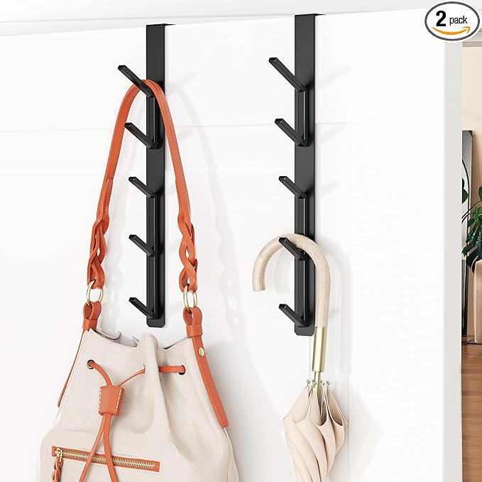 niffgaff 10 Hook Vertical Over The Door Hooks, Over The Door Hanger, for Towel and Clothes Hangers, Black, 2 Pack, for up to 1.4'' Doors