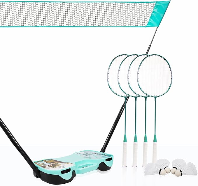 EasyGo Badminton Set, with Net, 4 Racket, 4 Birdies, Portable Storage Box, for Backyards, Outdoor Games, Yard Games