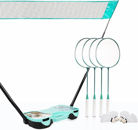 EasyGo バドミントンセット、ネット、ラケット4本、シャトル4個、ポータブル収納ボックス付き、裏庭、屋外ゲーム、庭遊び用