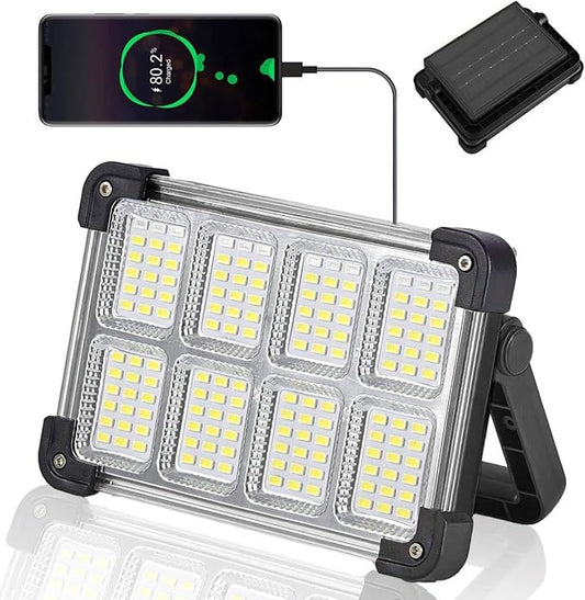 120W ソーラー充電式ワークライト、144LED ポータブル投光器スタンド付き、IP66防水 4モード LED 作業灯、メカニック、キャンプ、釣り、車の修理用懐中電灯（ブラック 1パック）