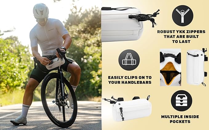 Lumiere & Co. Bike Handlebar Bag - Durable, Multiple Size and Color Options - Dual Elastic Straps, Clips & Hook-and-Loop for Customizable Fit (White, small)