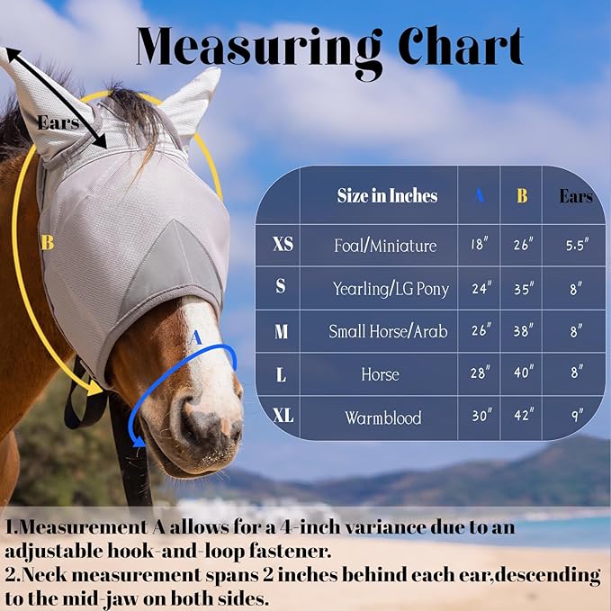 Raelitego Horse Fly Mask, Adjustable Fly Masks for Horses with Ears, UV Protection from Insect Pests Comfort Mesh Without Nose Average Size Horses Accessories(Medium)