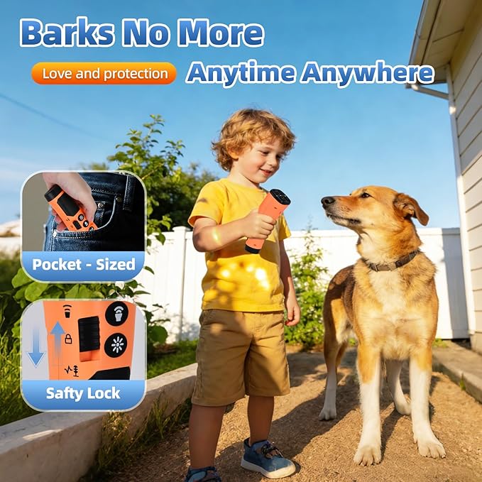 4X Ultrasonic Dog Bark Deterrent Device, 2026 Newest Stop Neighbors Dog Barking, 4 Nozzles Up 90% Efficiency, 3 Modes Humane Training Tool with Flashlight , Safe for Pet Indoor Outdoor（Orange）