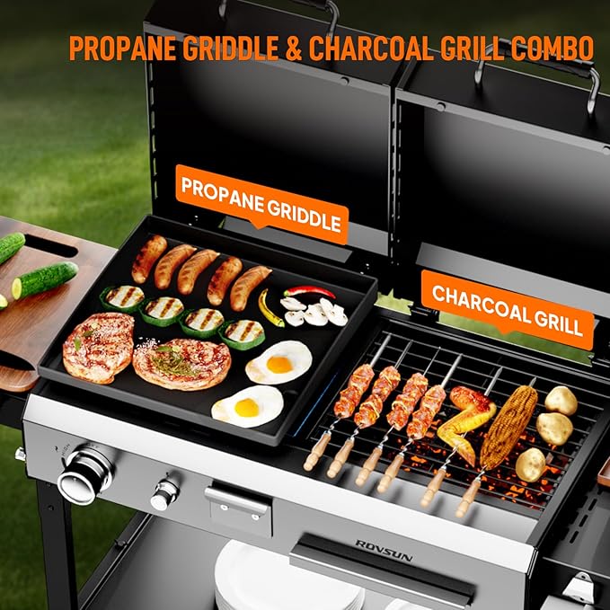 ROVSUN 2-in-1 Propane Gas Grill and Charcoal Grill Combo with Lid, 12000BTU Flat Top Griddle & Charcoal BBQ Grill with Electronic Ignition, Enamel Griddle & Grate for Outdoor Backyard Cooking Barbecue