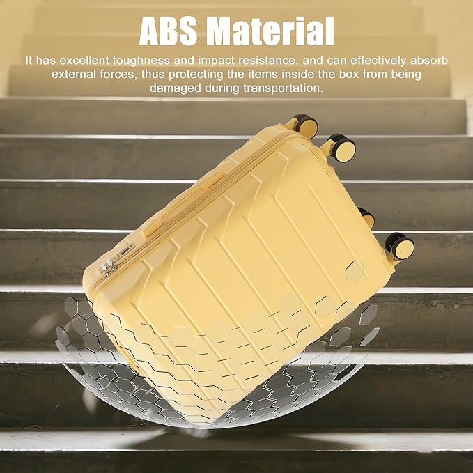 28インチ ABSハードシェル大型スーツケース（TSAロック、サイドフック付）、イエロー