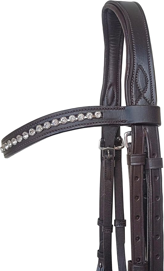 Equine Care Leather English Horse Bridle with Reins, Full Size, Choice of Browband Style, Padded Crown & Cavesson Noseband, Stainless Steel Hardware, Hunter Show Bridle.