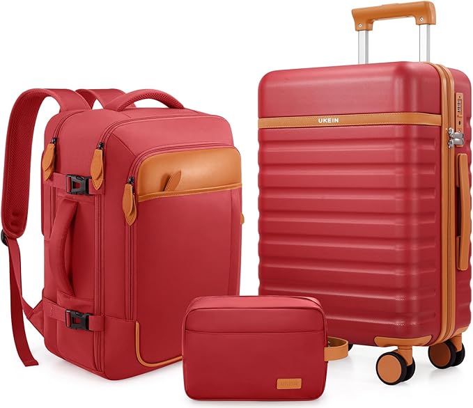 UKEIN Luggage Sets 3 Piece, PC Hardside Checked Luggage 28 Inch With Spinner Wheels with TSA Lock, Large Suitcase Set With Travel Backpack for Men (Red, 3 piece set (28inch))