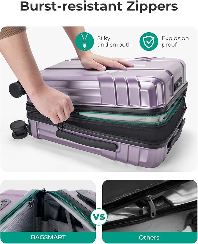 BAGSMART 機内持ち込み手荷物 拡張可能 22x14x9 航空会社承認済み 20インチ 旅行用スーツケース スピナーホイール付き 軽量 ハードシェル スーツケース 機内持ち込み ラベンダーパープル