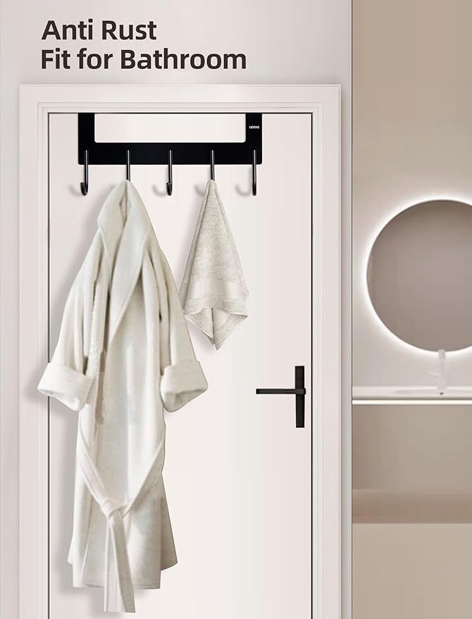 Over The Door Towel Rack,Over The Door Hooks,Heavy Duty Aluminum Over The Door Hanger for Hanging Coat, Bag, Robe,Clothes,Towels,Hat - 5 Hooks, Brush Finish (Matte Black 1Pcs)