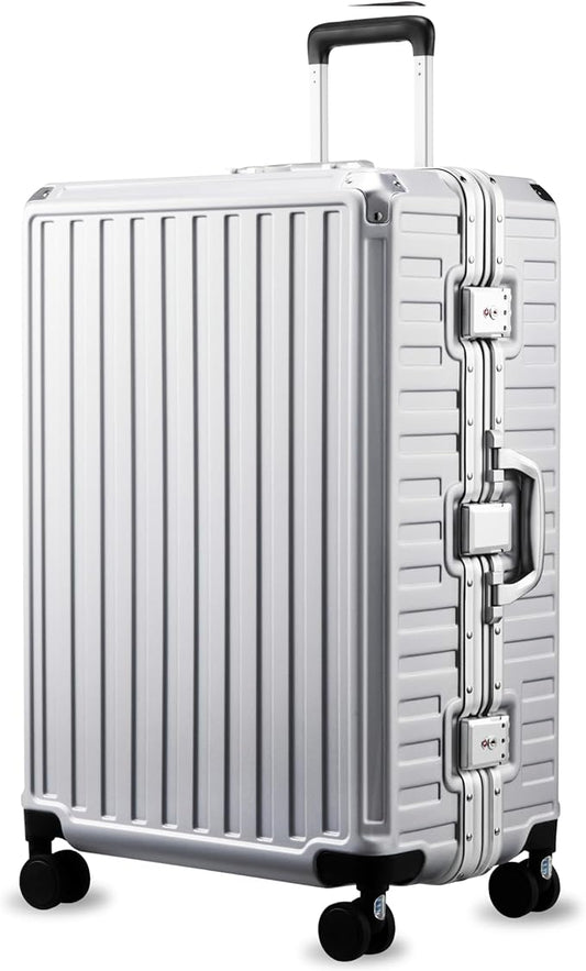 LUGGEX Checked Suitcase with Spinner Wheels, 8010S Aluminum Frame Zipperless Polycarbonate Hard Shell Suitcase (ZX-Core, Silver, 28 Inch)