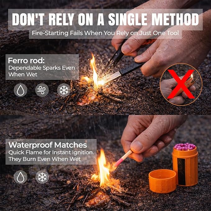Tactiko 6-in-1 All-Weather Survival Fire Starter Kit - Complete Emergency Set with Ferro Rod, Striker, Fire Wax, 4 Waxed Wood Starters, Waterproof Matches, Collapsible Blower & Zippered Case