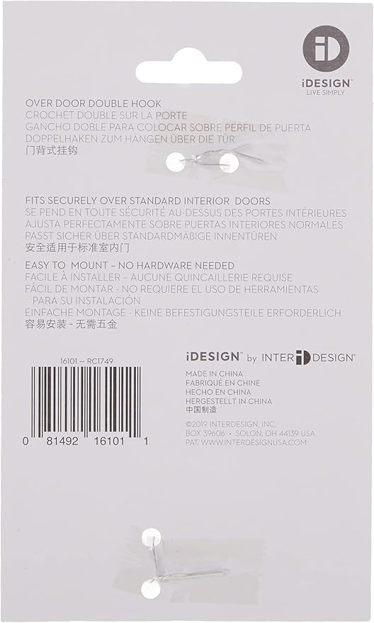 iDesign Over Door Double Hook for Closet, Bathroom, or Dorm, Small Over-the-Door Hanger, White