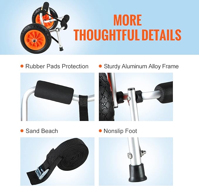 VEVOR Kayak Cart, 250lbs Load Capacity, Foldable Kayak Dolly Aluminum Kayak Wheels with 10'' Solid Tires for Kayaks Carrier Canoes Paddleboard Kayak Trolley Float Mats Jon Boats
