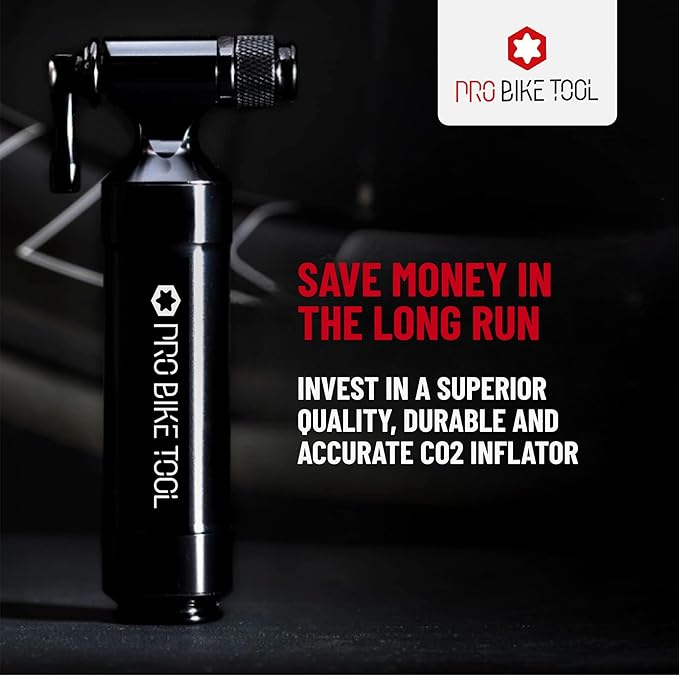 Pro Bike Tool CO2 Inflator with Cartridge Storage Canister Quick, Easy and Safe - for Presta and Schrader - Bicycle Tire Pump for Road and Mountain Bikes