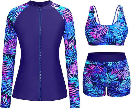 Holipick Long Sleeve Swimsuits for Women - 3 Piece Rash Guard with Shorts Zipper SPF Swim Shirt with Built in Bra