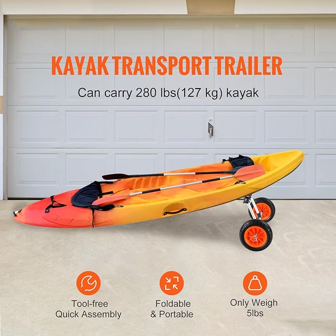 Happybuy Heavy Duty Kayak Cart, 280lbs Capacity, Detachable Canoe Trolley with 10'' Solid Tires, Adjustable Width & Foam Protection, for Kayaks with Drain Holes 2.54cm+