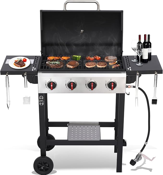 4-Burner Propane Gas Grill, 38250 BTU Outdoor BBQ Grill with Cast Iron Grates & Foldable Side Shelves, Portable Grill for Backyard, Patio, Camping, Black