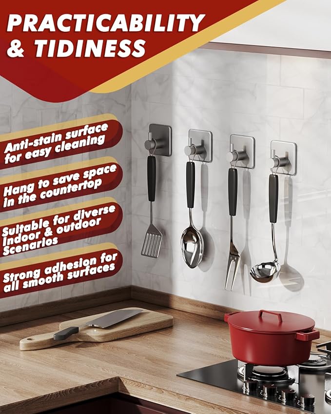 Auxmir Adhesive Hooks Heavy Duty 22lb(Max) Towel Hooks for Shower, 5 Pack Self Adhesive Damage Free Wall Hooks, Stainless Steel for Coat Robe, Waterproof Oilproof Rustproof for Bathroom Kitchen Office