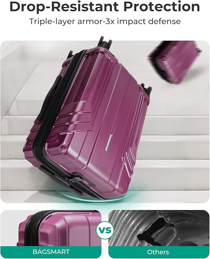 BAGSMART 拡張可能機内持ち込みスーツケース 22x14x9 航空会社承認、20インチ スピナーホイール付き旅行用スーツケース、軽量ハードシェル 機内持ち込み パープリッシュレッド