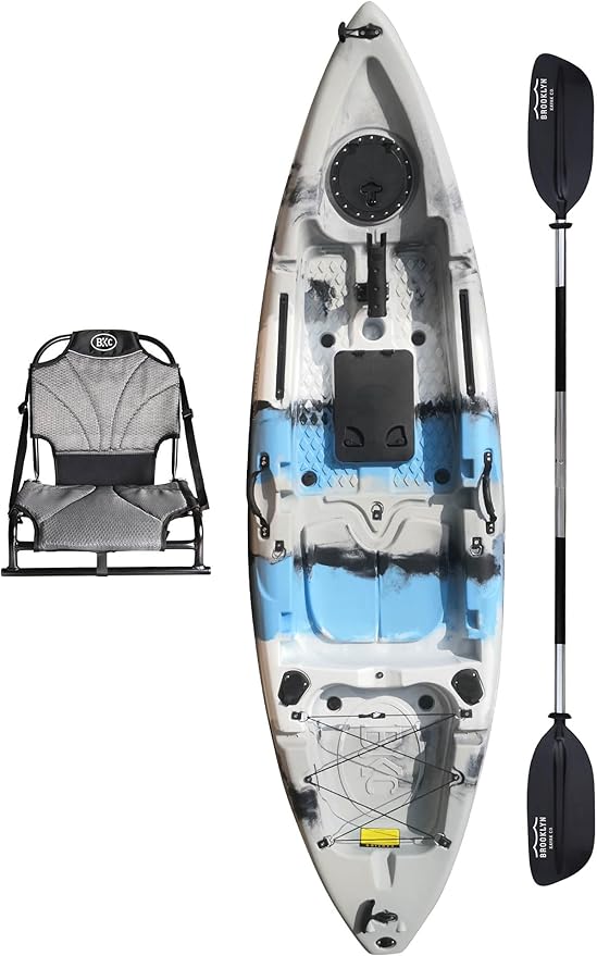 Brooklyn 9.2 Sit-On-Top Single Fishing Kayak by BKC, Lightweight Solo Kayak with Dry Hatches, Rod Holders & Accessory Rails for Lakes & Rivers (Upright Seat or Memory Foam Seat)