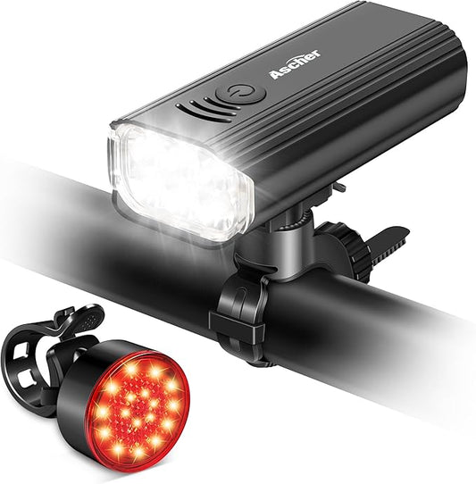 Ascher USB Rechargeable Bike Light Front and Back, Super Bright 1000 Lumens Bicycle Headlight and Compact Tail Light, 4 Light Modes, Large Capacity Battery Bike Lights for Night Riding Road Mountain