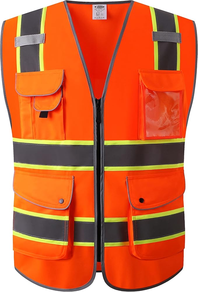JKSafety 9 Pockets High Visibility Zipper Front Safety Vest | Orange with Dual Tone High Reflective Strips | Meets ANSI/ISEA Standards (901-Orange, X-Large)