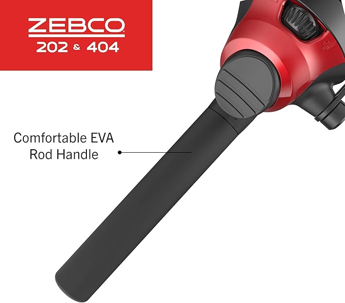 Zebco 202 & 404 スピンキャストリールと釣り竿コンボ（2個パック）、5フィート6インチ 2ピース釣り竿、サイズ30と40リール、右巻き、10ポンドと15ポンドのケイジャンラインがプリスプール済み、ブラック/レッド
