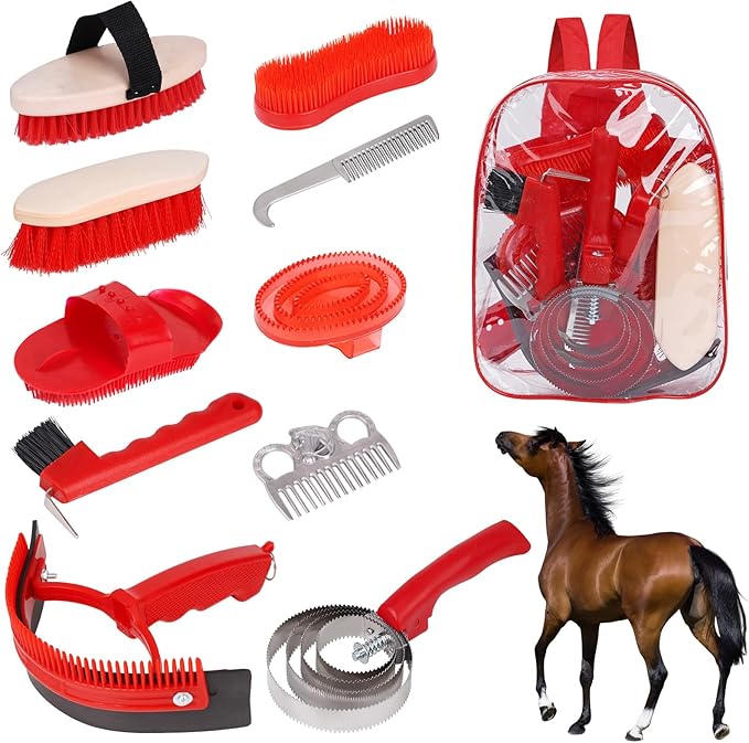 Horse Grooming Kit, Horse Brushes for Grooming 10pcs Horse Cleaning Tool Set with Tote Bag, Sweat Scraper, Curry Comb, Brush, Hoof Pick, Livestock Bathing Supplies Equine Care Supplies