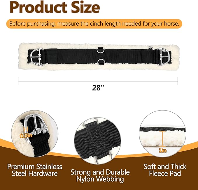 Western Cinch Horse Girth 28" to 34" - Soft 25mm Thick Fleece Padding & Non-Slip Nylon Webbing with Stainless Steel Buckles - Comfortable, Durable, and Easy to Install for Western Saddles